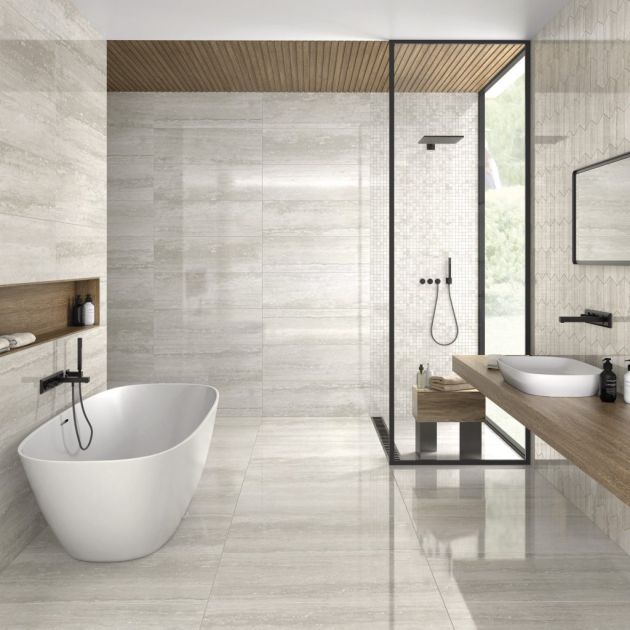 Carrelage Effet Pierre PURE TRAVERTINE (AL) - Grey - Mosaic Grey - Mosaic Half Hexa Grey